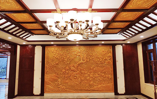 万宁中式别墅客厅中式木作横梁吊顶装饰展示